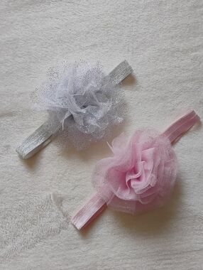 Set Of 2 6-12 Month Headband Set | Tulle Glitter Rosette Stretch Headbands